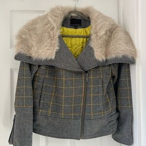 Banana Republic Gray Plaid Jacket with Faux Fur and Yellow Lining